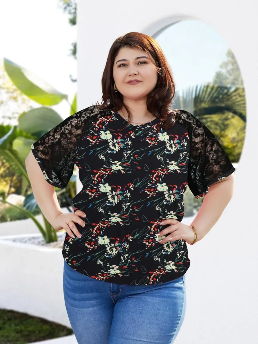 HDLTE Womens Plus Size Tops Floral Bell Sleeves Blouses Summer Crewneck Tunic Loose Casual T Shirts