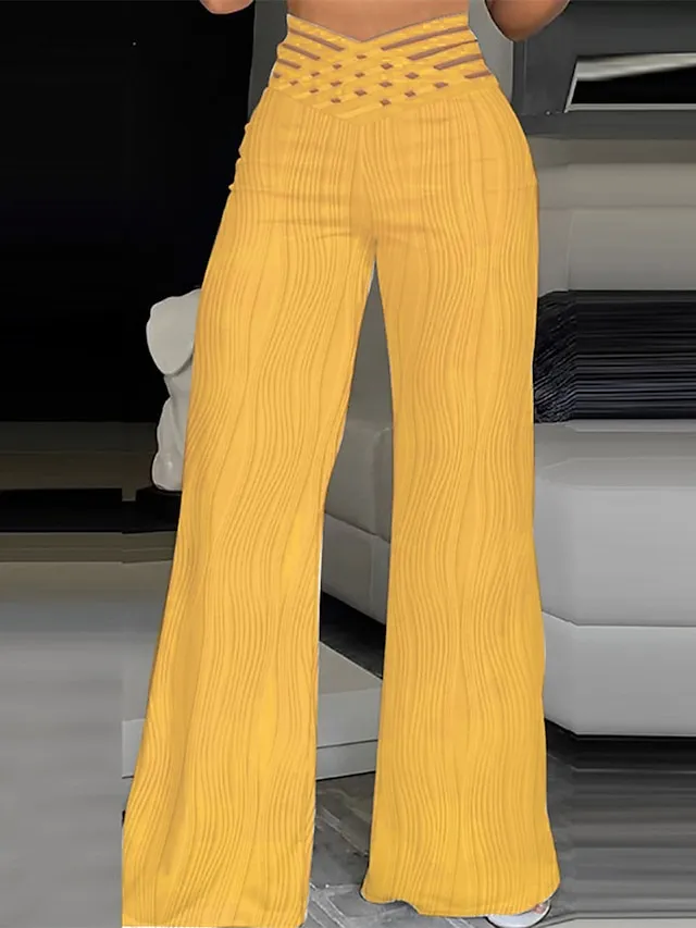 Women's Bell Bottom Wide Leg Pants Trousers Full Length High Cut Hole Micro-elastic High Waist Fashion Streetwear Party Street Black White S M Summer Fall