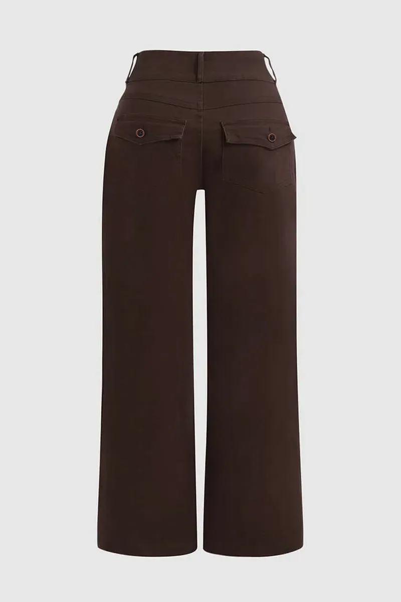 Solid Flap Pocket Button Detail Mid Rise Flare Pants