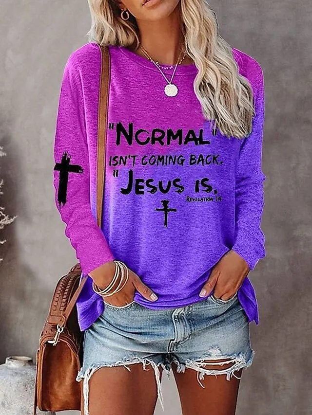 Women's Plus Size T shirt Tee Pink Purple Orange Color Block Heart Text Print Long Sleeve Casual Weekend Daily Basic Round Neck Regular Fit Painting Fall & Winter