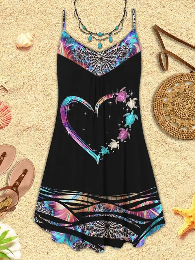 Vacation Sea Turtle Heart Print Spaghetti Strap Dress Swimsuit Coverup