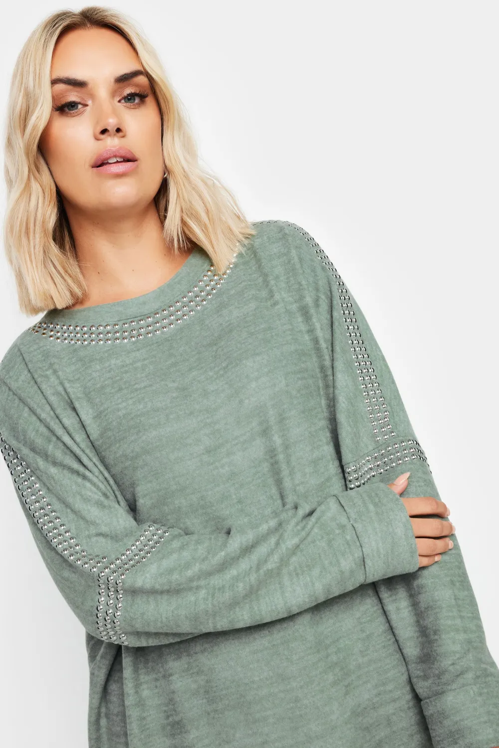 YOURS Curve Sage Green Marl Stud Neckline Embellished Jumper