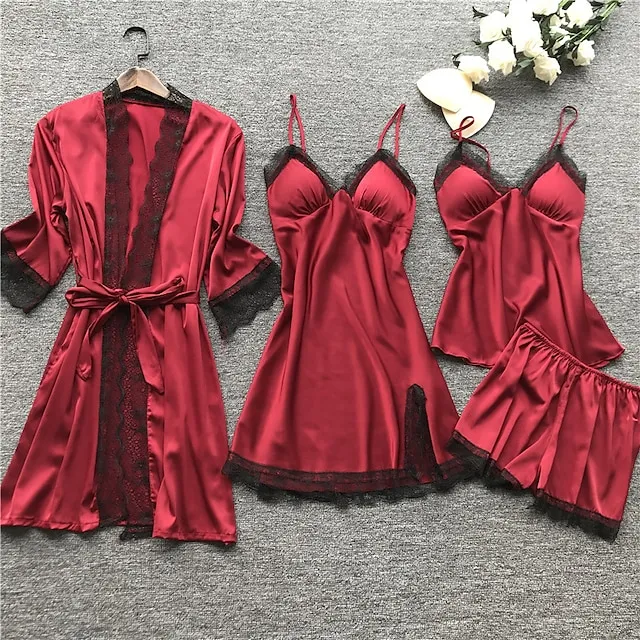 Women's Lace Satin Silk Pajamas Sets 4 Pcs Home Party Daily St.Patrick's Day Elastic Waist Pure Color Satin Simple Casual Soft Strap Top Shorts Fall Winter Spring Strap Short Sleeves Long Sleeve
