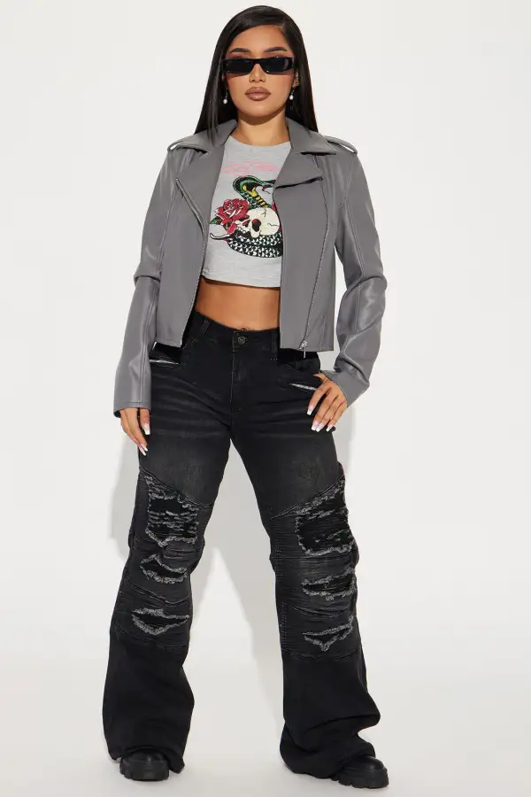 End Of The Road Faux Leather Jacket - Grey