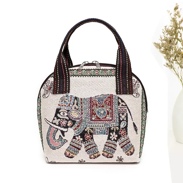 Women's Handbag Polyester Cotton Party Daily Zipper Large Capacity Breathable Durable Folk Blue butterfly Yellow Elephant Black elephant