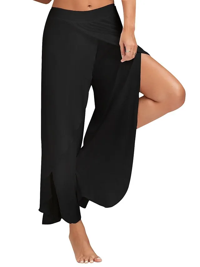 Women's Culottes Wide Leg Chinos Ruffle Layered Stretchy Mid Waist Basic Casual / Sporty Casual Daily Black White S M Summer Spring & Fall