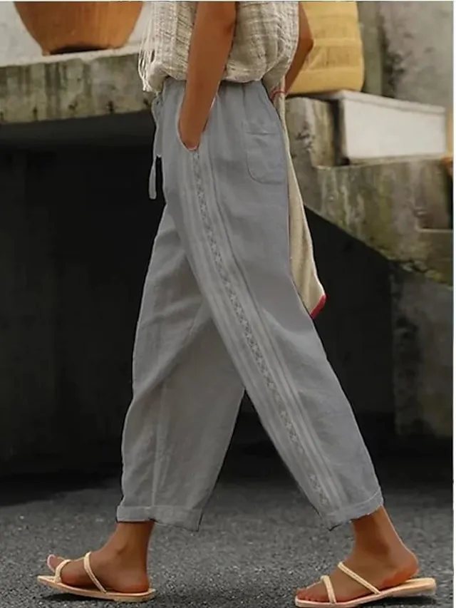 Women's Linen Pants Pants Trousers Baggy Faux Linen Plain Side Pockets Baggy Ankle-Length Fashion Casual Daily Black White S M