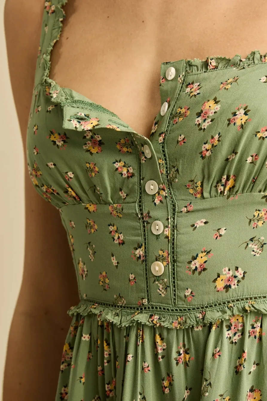 Green Floral Tiered Ruffle Corset Midi Dress