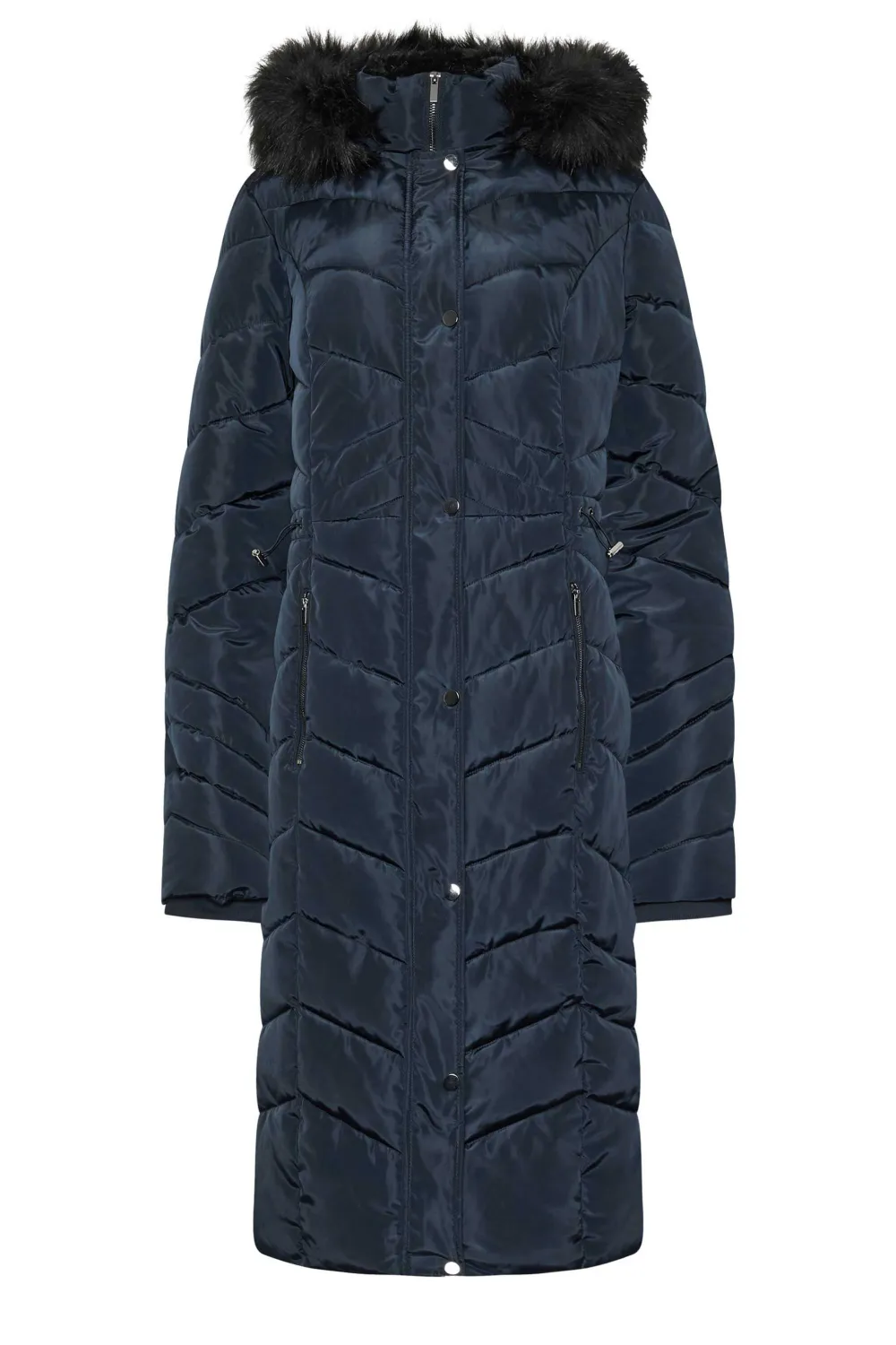 Navy Blue Faux Fur Trim Padded Longline Hooded Coat