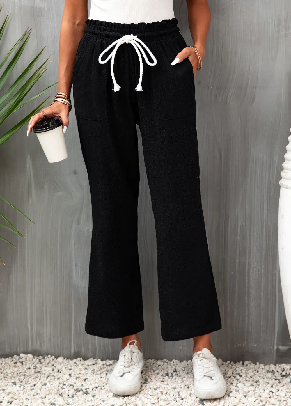 Black Pocket Flare Leg Elastic Waist Pants