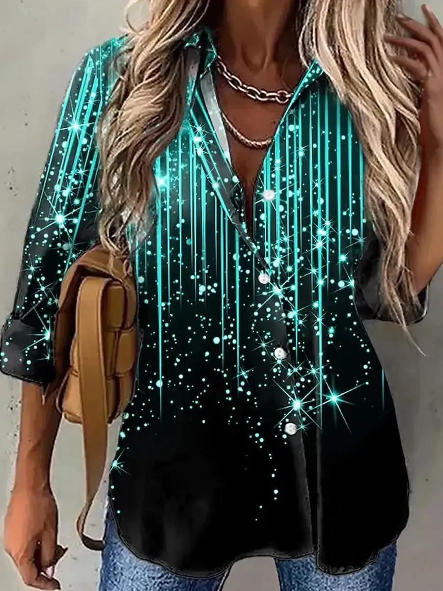 Women's Sparkly Print Long Sleeve Single Breasted Blouses