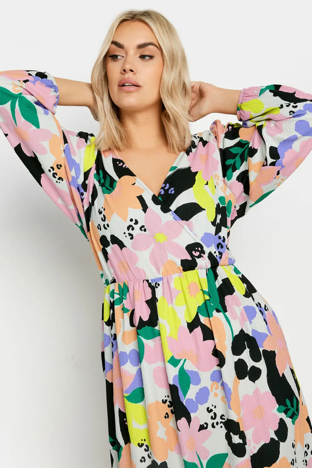 YOURS Curve White Floral & Leopard Print Textured Wrap Dress