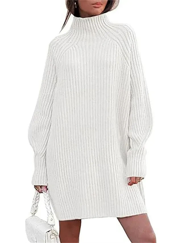 Women's Sweater Dress Jumper Dress Winter Dress Mini Dress Warm Fashion Casual Plain Outdoor Daily Vacation Going out Turtleneck Long Sleeve 2023 Loose Fit Black White Blue S M L XL