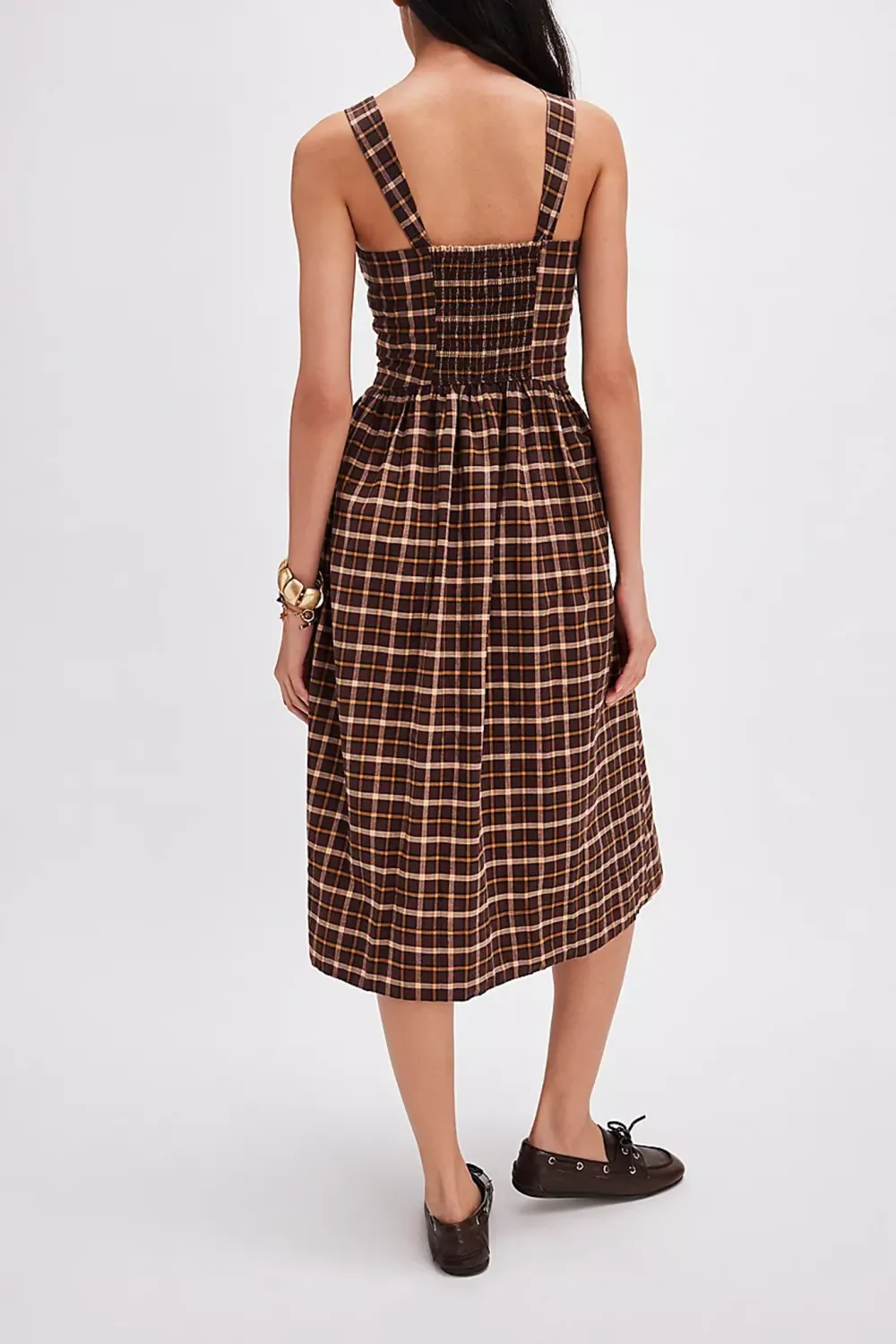 Square Neck Plaid Smocked Midi Dress