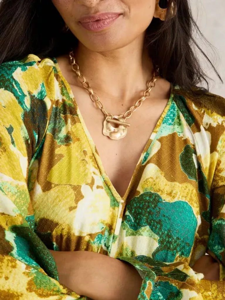 Yellow V-Neck Midi Dressin