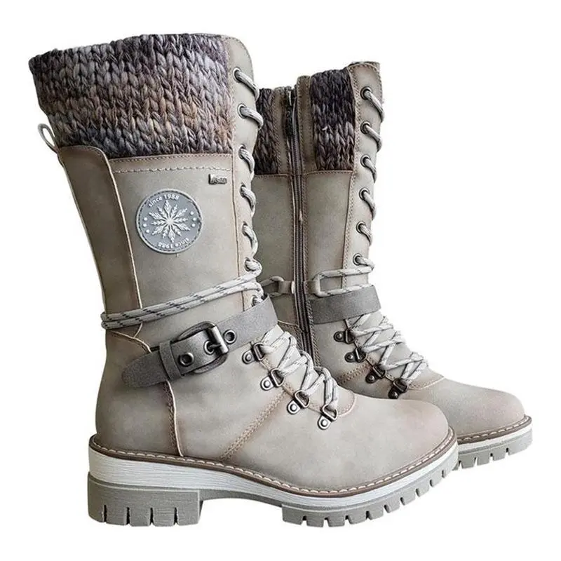 Retro Style Chunky Low Heel Lace Up Knitted Mid-Calf Boots