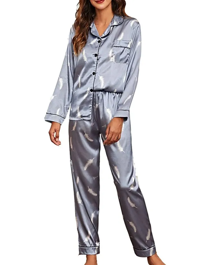 Women's Pajamas Sets Nighty Pjs 2 Pieces Heart Stripe Fashion Comfort Home Satin Lapel Long Sleeve Pant Button Fall Spring Light Pink Green / Silk / Flower / Feather