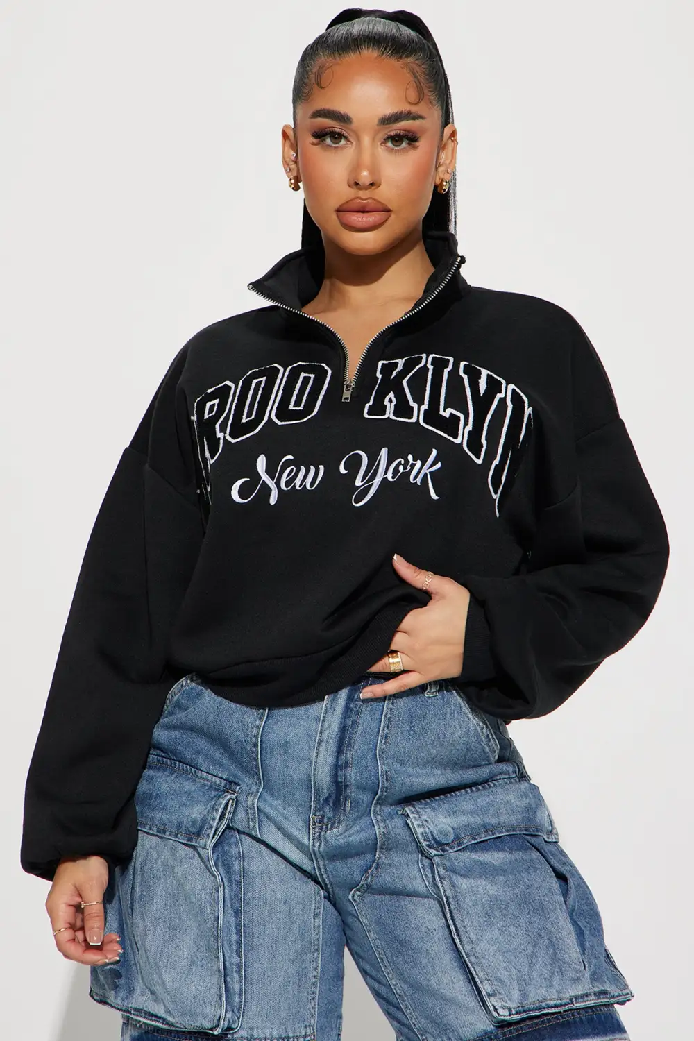 Out in Brooklyn Half Zip Sweatshirt - Black