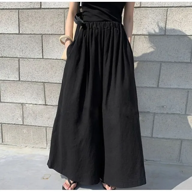 Women's Culottes Wide Leg Linen Pants Maillard Ankle-Length Faux Linen Pocket Baggy Mid Waist Streetwear Chino Casual Daily Light Gray 4 One-Size Spring & Summer Fall