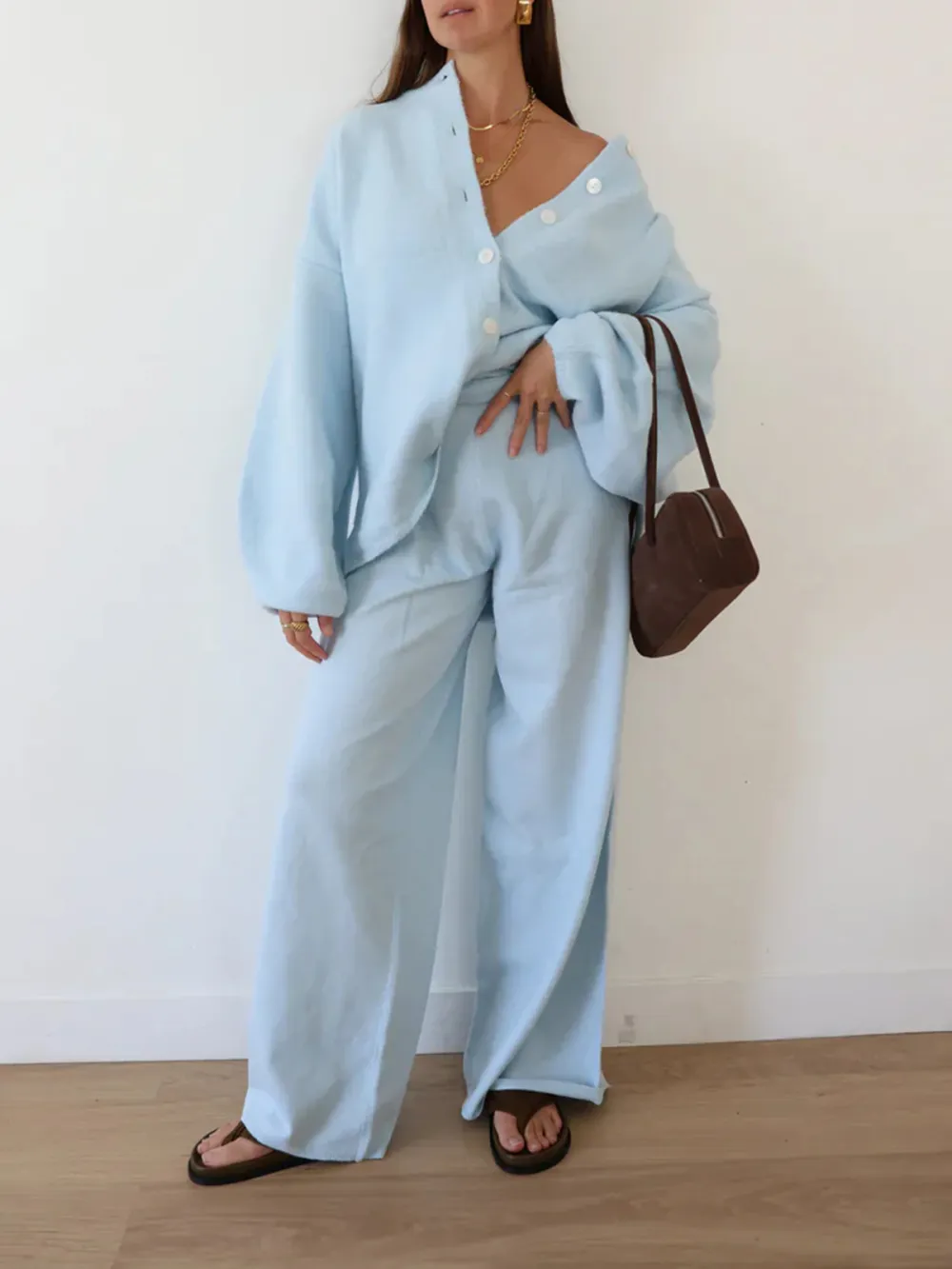 Casual Style Long Sleeve Knit Cardigan Blue