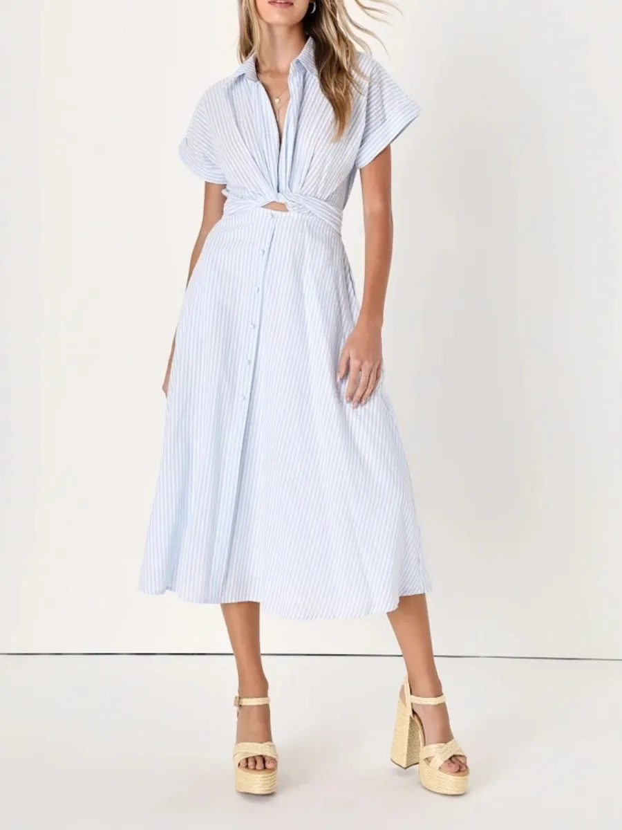 Striped Twist Front Midi Dress