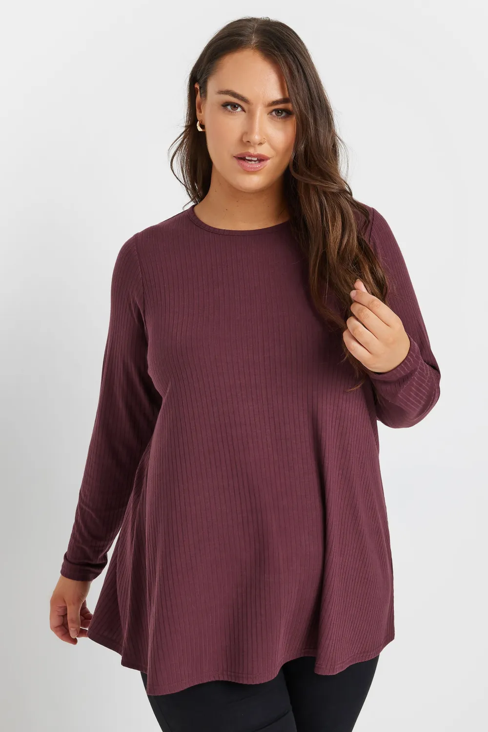 YOURS Curve Black Long Sleeve Ribbed Swing Top