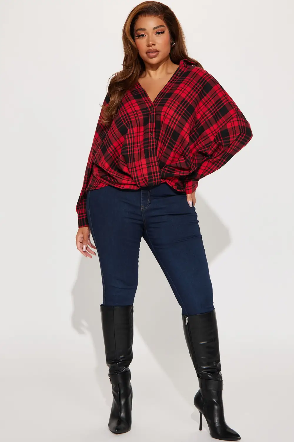 Maeve Twist Front Plaid Shirt - Red/combo