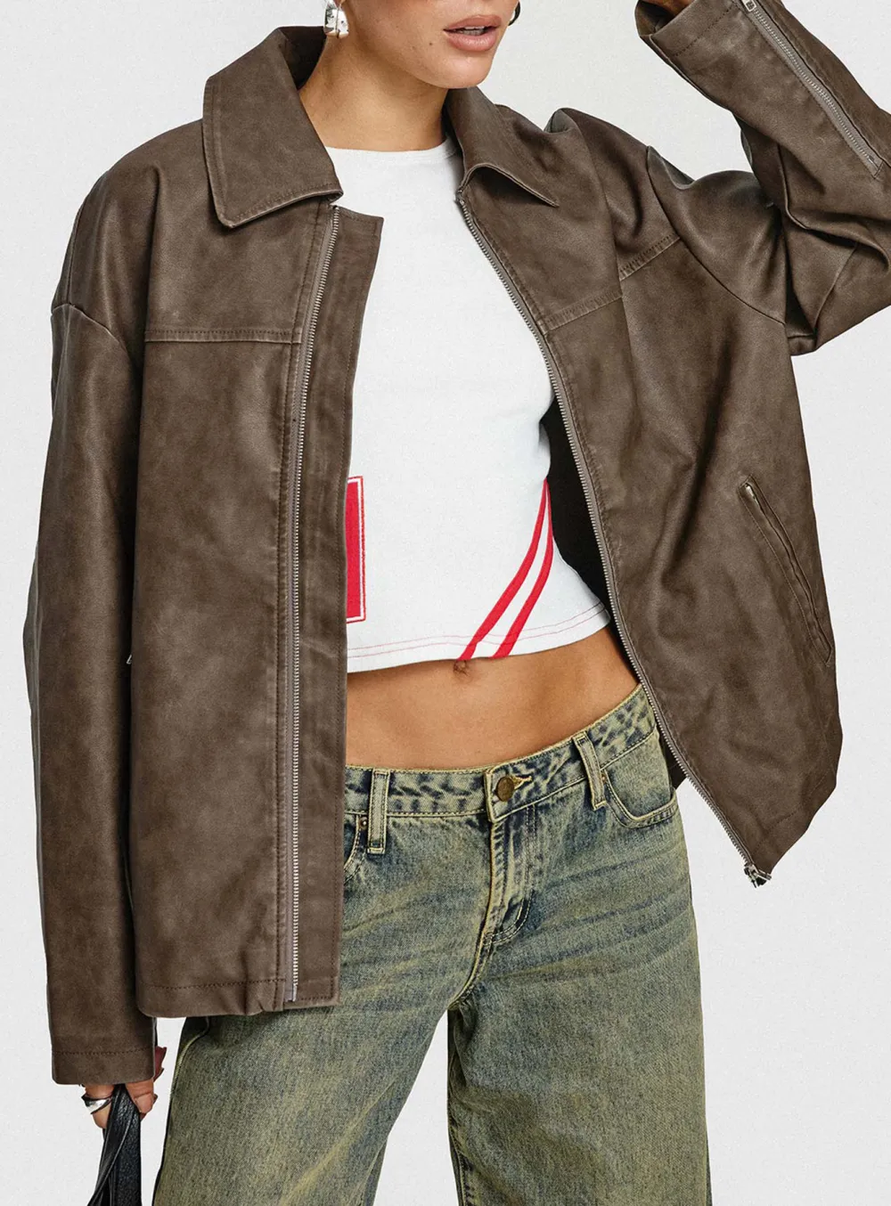 Brown Distressed Faux Leather Jacket