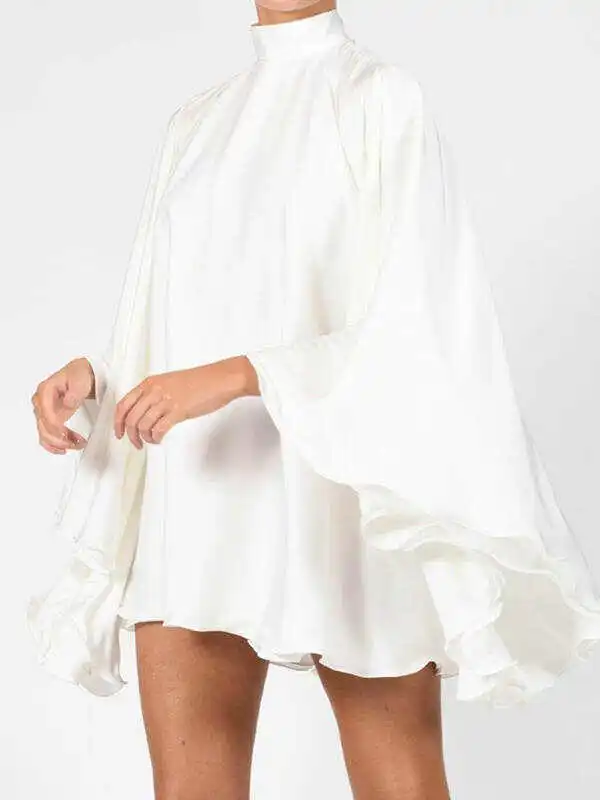 Solid Color High-Neck Backless Flared Sleeves Mini Dress