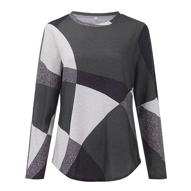 Women's T shirt Tee Red Blue Purple Geometic Color Block Office Basic Round Neck Fall Winter Fall & Winter