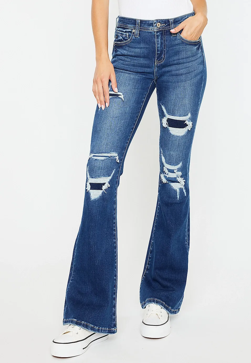 Casual Style Mid Rise Ripped Flare Jean