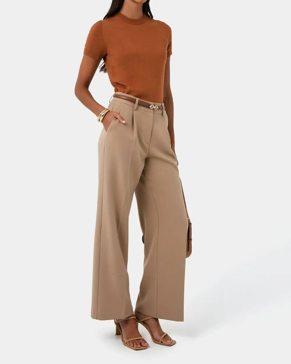 Straight Wide Leg Silhouette Pants -Warm Taupe