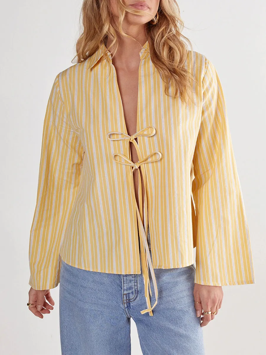 Women'S Yellow-White Stripe Drawstring Cropped Shirt