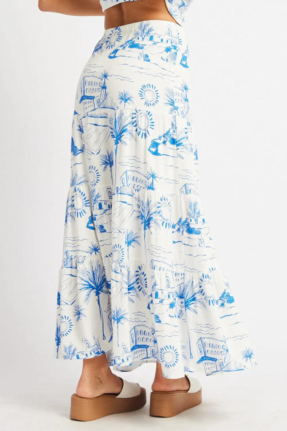 Blue Abstract Maxi Skirt Tiered High Rise Elastic Waistband