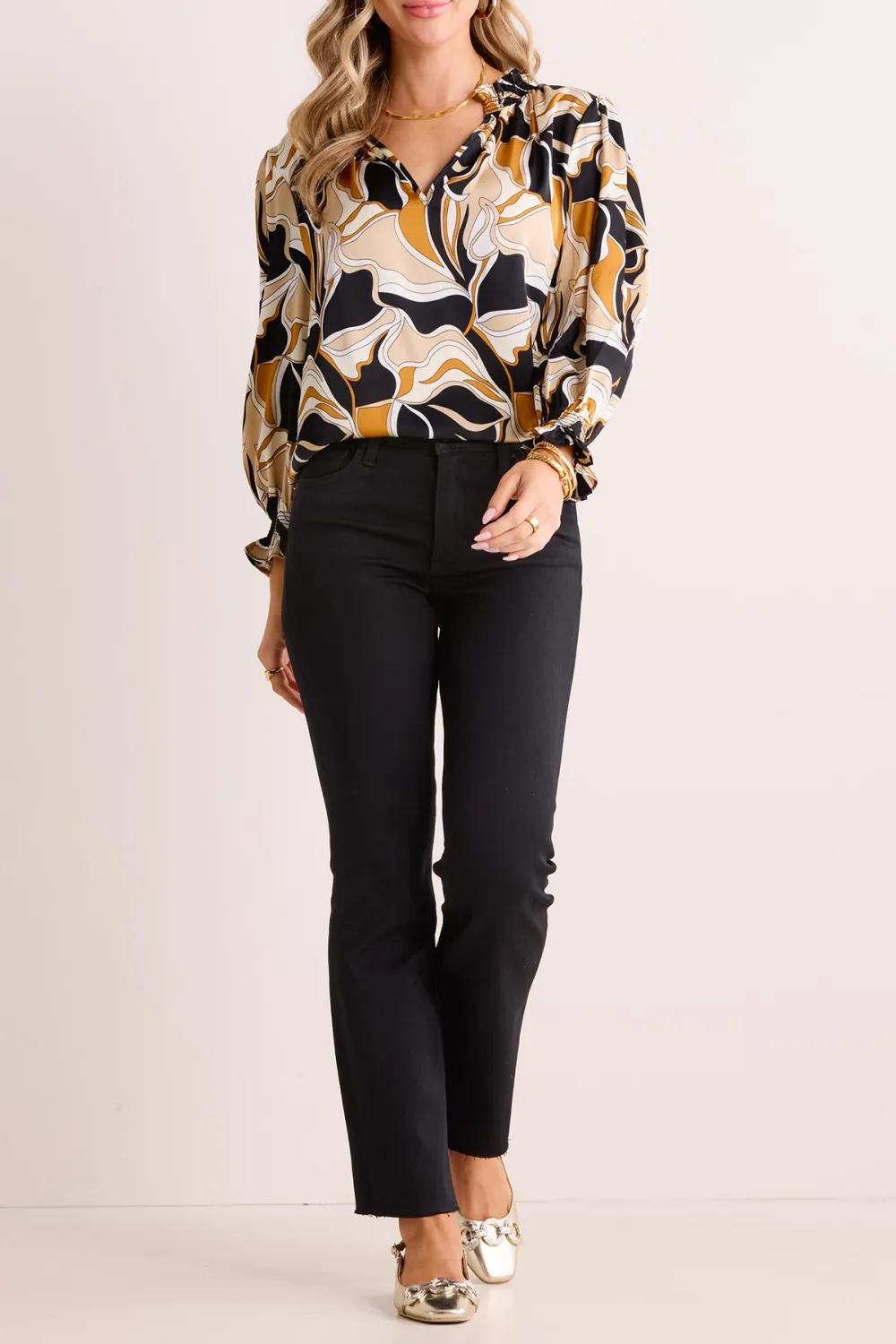 Abstract Print Balloon Sleeve V-Neck Blouse