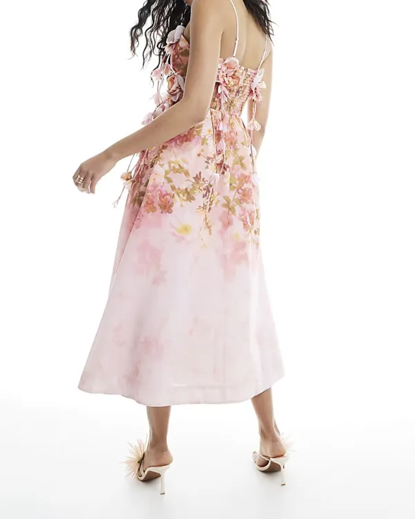 Women's Pink 3D Floral Midi Dresses