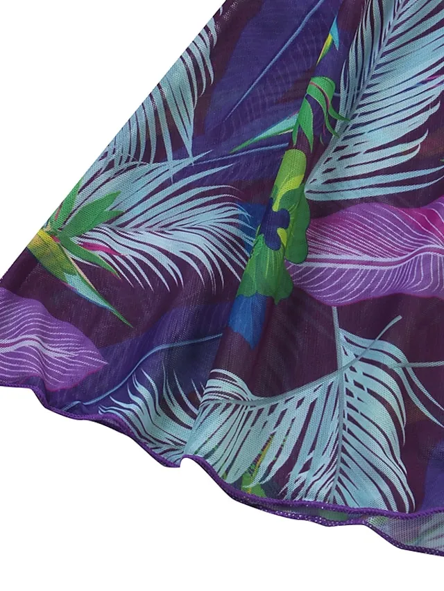 Women's Swimwear Tankini Swim Dress 2 Piece Plus Size Swimsuit 2 Piece Modest Swimwear Open Back Printing for Big Busts Leaf Floral Navy Blue Purple Green Padded V Wire Bathing Suits New Vacation Cute