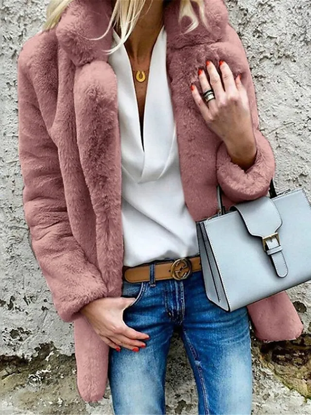 Women's Fleece Jacket Teddy Coat Warm Breathable Street Daily Wear Vacation Going out Fleece Lined Open Front Turndown Casual Street Style Plain Regular Fit Outerwear Long Sleeve Fall Winter White