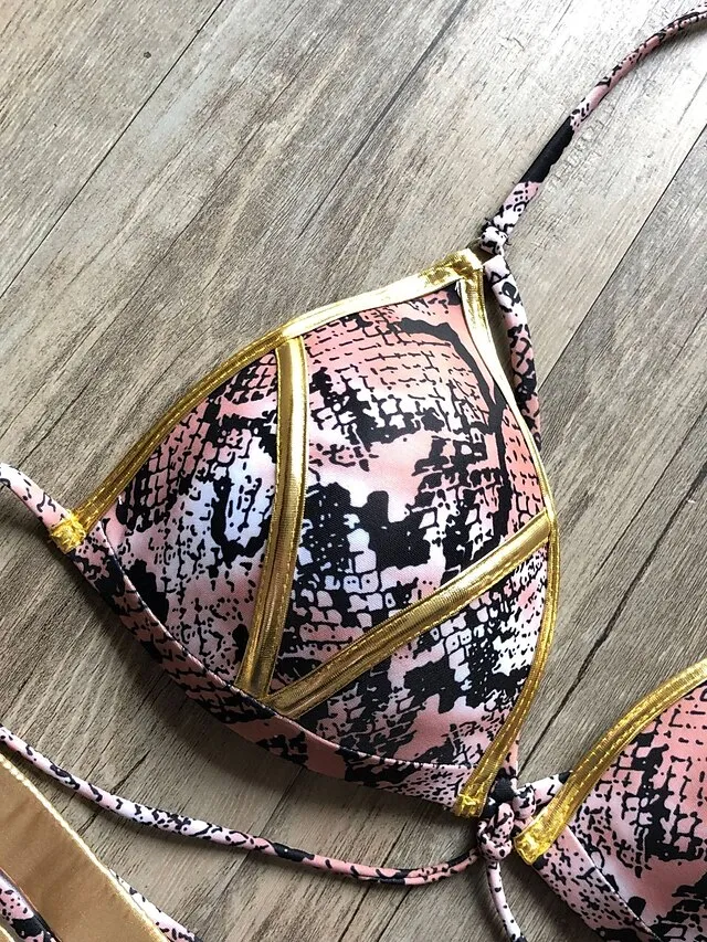 Women's Swimwear Bikini 2 Piece Normal Swimsuit Open Back Cut Out Sexy Leopard Color Block Leopard Print Black Pink Wine Dusty Rose Camisole Strap Bathing Suits New Vacation Sexy