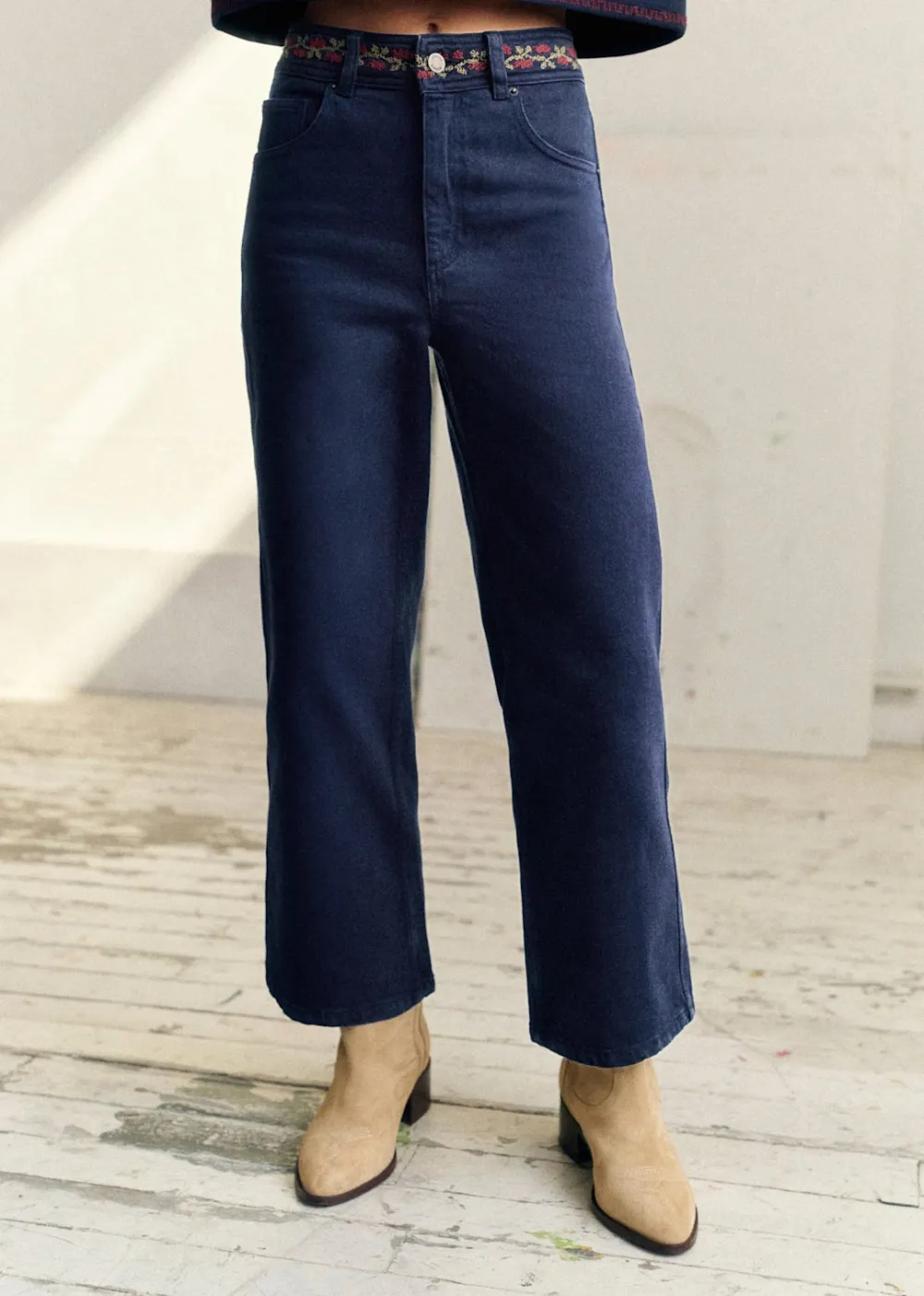 Embroidered Wide-Leg Flared High-Waist Trousers