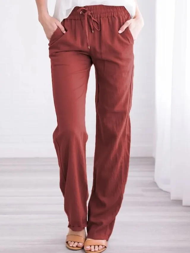 Women‘s Chinos Pants Trousers Baggy Full Length Pocket Cotton Linen Mid Waist Classic Casual Office Work Black Red S M Summer Spring &  Fall