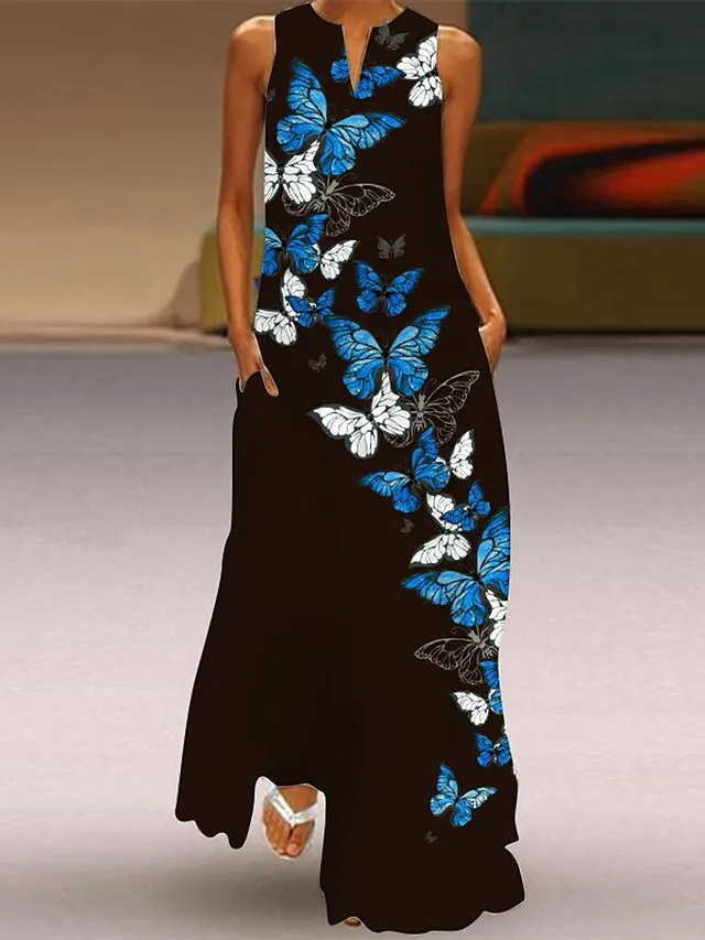Women's Long Dress Maxi Dress Casual Dress Print Dress Outdoor Holiday Vacation  Print Sleeveless V Neck Dress Regular Fit White Red Blue Summer Spring S M L XL XXL（with no pocket)