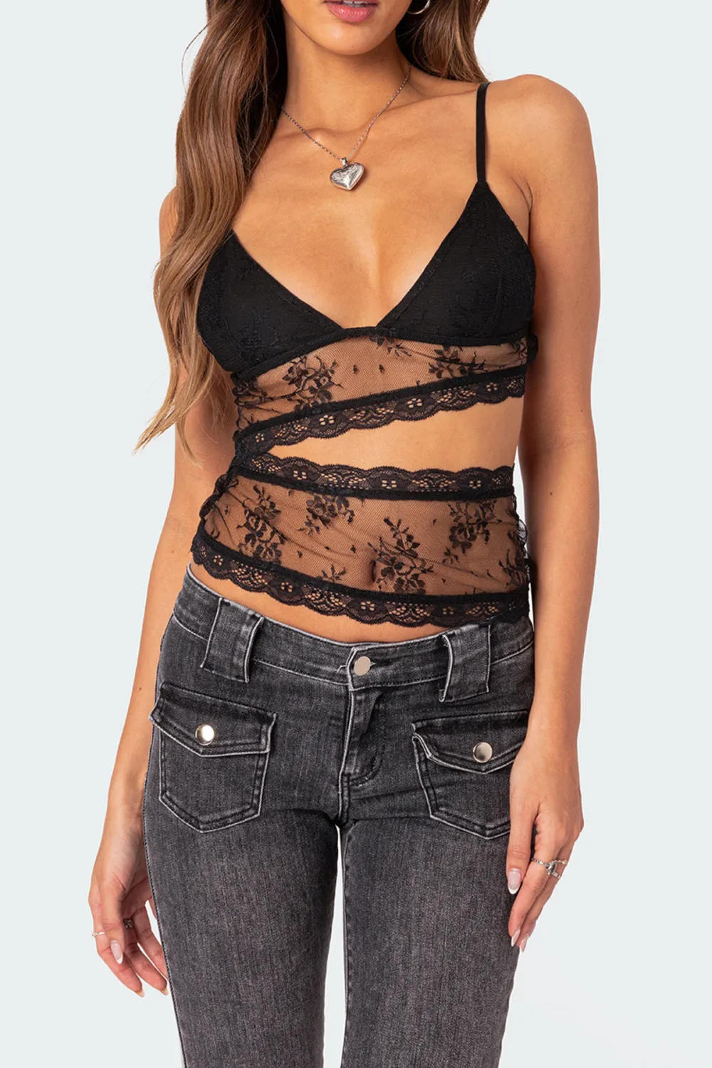 Cut Out Sheer Lace Tank Top