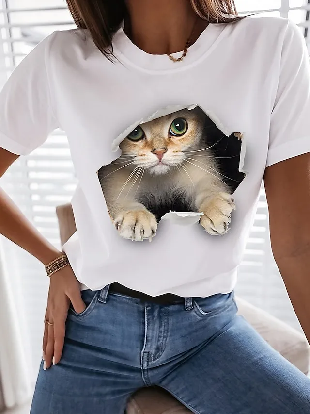Women's T shirt Tee 100% Cotton Funny Tee Shirt Black White Graphic Cat Print Short Sleeve Casual Daily Basic Round Neck Regular 100% Cotton 3D Cat S