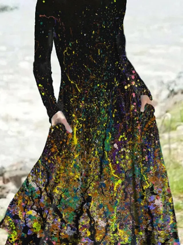 Women‘s Casual Dress Swing Dress Midi Dress Blue Yellow Rainbow Long Sleeve Color Gradient Pocket Print Winter Fall Crew Neck Vacation Casual Fall Dress 2023 S M L XL XXL 3XL