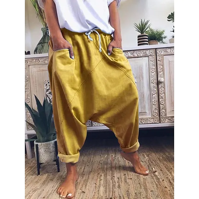Women's Fashion Streetwear Chinos Harem Pants Side Pockets Baggy Elastic Drawstring Design Full Length Pants Casual Weekend Micro-elastic Plain Linen / Cotton Blend Comfort Mid Waist Loose Blue Gray