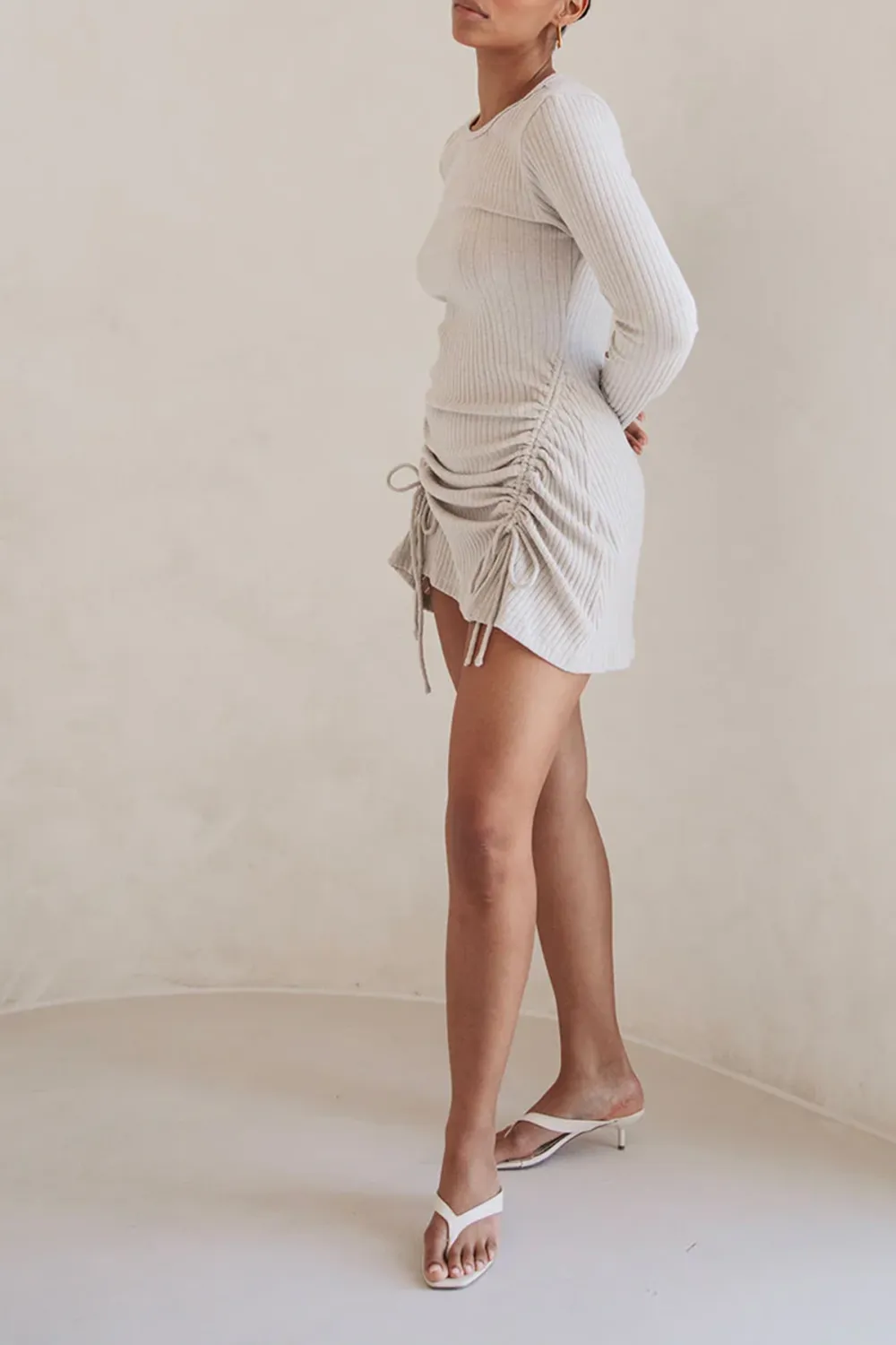 Long Sleeve Ruched Ribbed Mini Dress