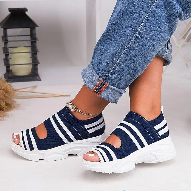Women's Sandals Wedge Sandals Platform Sandals Plus Size Outdoor Daily Wedge Heel Open Toe Sporty Casual Preppy Tissage Volant Loafer Striped Black Yellow Blue