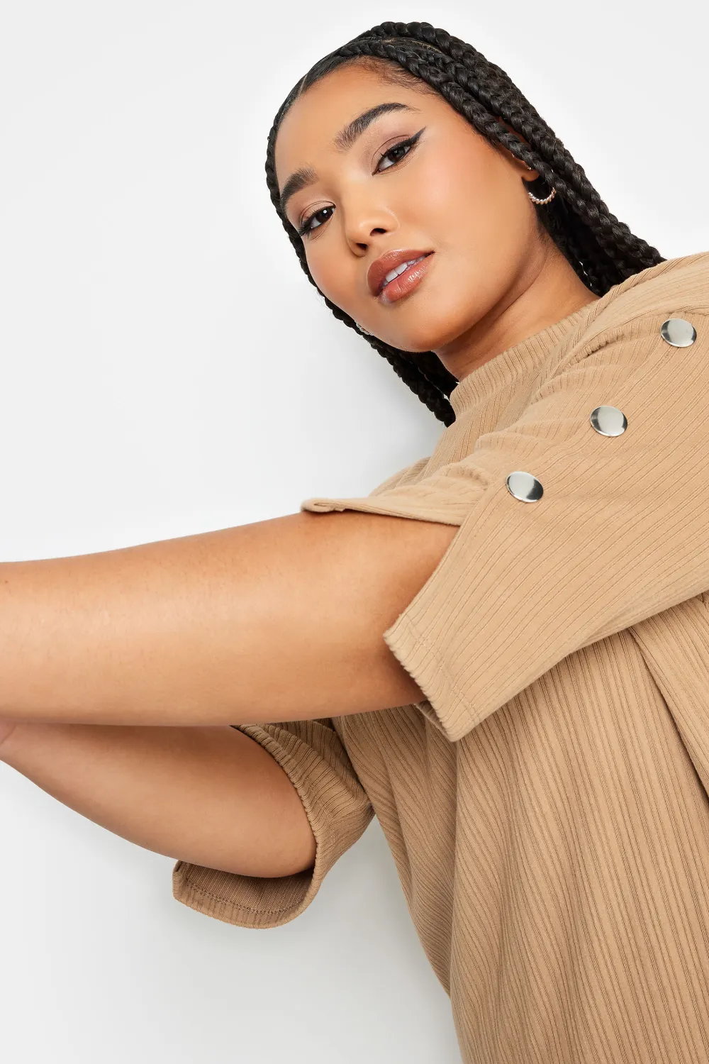 YOURS Curve Beige Brown Soft Touch Button Detail Mini Dress