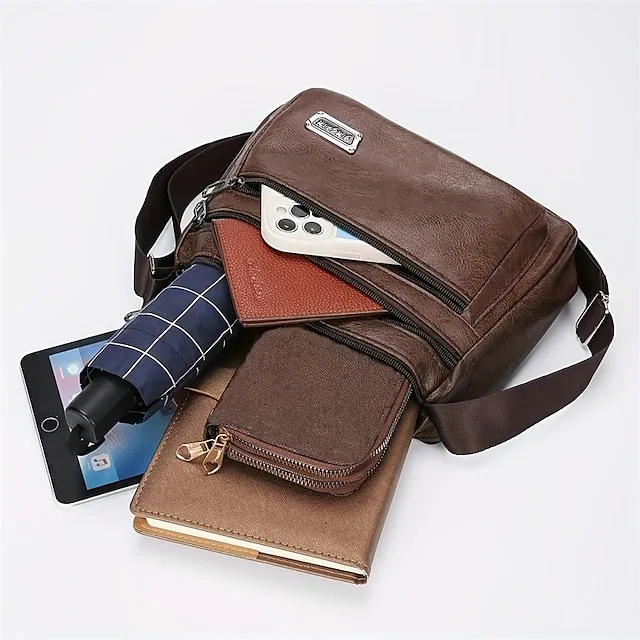 Men's Crossbody Bag Shoulder Bag Messenger Bag PU Leather Daily Holiday Zipper Adjustable Large Capacity Waterproof Solid Color Black Brown khaki